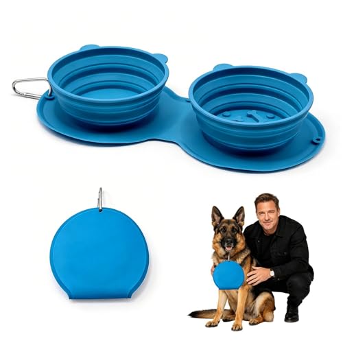 Foldable Dog Travel Bowl with Carabiner Clip, Portable Pet Water Bowl for Hiking Camping Walking, Collapsible Silicone Outdoor Dog Bowl, Space Saving Food & Water Dish for Puppy (Blue) - color: Blue