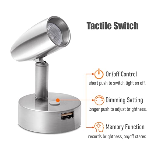 RV Reading Light 12V Swivel LED Spotlight with Quick USB Charger & Blue Nightlight, Camper Van Travel Trailer Bedroom Reading Light,3-1/2" Length,12-24VDC Hard-Wired (Brushed Nickel) - color: Brushed Nickel with Nightlight