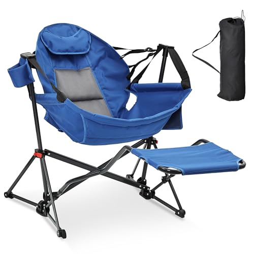 Ainfox Hammock Camping Chair with Footrest, Foldable Portable Rocking Chairs for Adults Outside Swinging Camp with Cup Holder Pillow for Outdoor Patio Poolside (Blue) - color: Blue, size: With Footrest