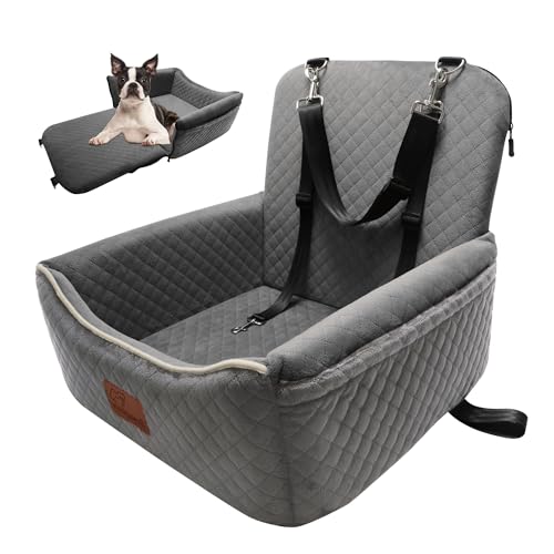 Dog Car Seat Bed 2 in 1 for Small/Medium Dogs up to 35 lbs,Adjustable Safety Leashes,Memory Foam with Soft Fabric Pets Travel Car Bed,Easily Installed in Front and Back seat,Removable and Washable. - color: Grey