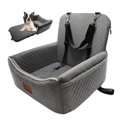 Dog Car Seat Bed 2 in 1 for Small/Medium Dogs up to 35 lbs,Adjustable Safety Leashes,Memory Foam with Soft Fabric Pets Travel Car Bed,Easily Installed in Front and Back seat,Removable and Washable. - color: Grey