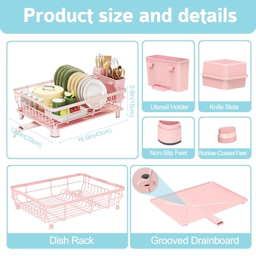 Dish Drying Rack - Space Saving Dish Rack - Dish Racks for Kitchen Counter with Drainboard,Rustproof Dish Drainer with Removable Utensil Holder,Pink - color: 1 Tier-pink