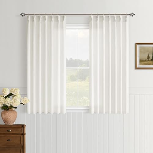 Cream Linen 45 Inch Length Kitchen Curtains Pinch Pleated 2 Panels Set Privacy Light Filtering Semi Sheer Boho Small Curtains for Cafe Bathroom Window Neutral Pinch Pleat Short Drapes for Front Door - color: Natural, size: 40"W x 45"L (Pack of 2)