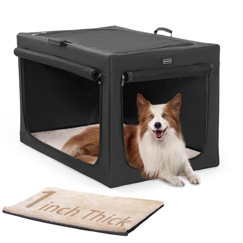 PETSFIT Portable Dog Crate for Medium Large Dogs, – 36" Soft Dog Travel Crates with Lockable Zippers & Thicken Mat, Adjustable Patented Spiral Steel Frame, Collapsible Kennel for Indoor & Outdoor - color: Black(With Mat), size: 36.0"L x 24.0"W x 23.0"H