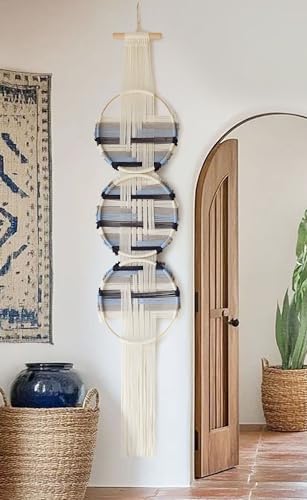 Macrame Wall Hanging Fiber Wall Art Woven Bohemian Decor Art Living Room Round Handmade Geometric Lines Home Décor - color: Blue