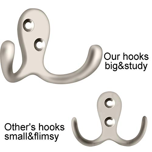 IBosins 10 Pack Heavy Duty Double Prong Coat Hooks Wall Mounted with 20 Screws Retro Double Hooks Utility Hooks for Coat, Scarf, Bag, Towel, Key, Cap, Cup, Hat - color: 10 Pcs Silvery