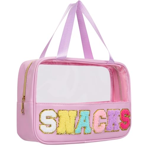 Snack Bags Chenille Letter Clear Makeup Bag Snacks Bags for Travel, Clear Snack Pouch, Preppy Cosmetic Bag, Sunscreen Bag, Travel Toiletry Pouches Cosmetic Pouch for Women and Girls - color: Purple