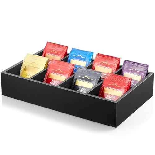 DRASTAR Tea Bag Organizer, Tea Box Organizer Storage Box, Wooden Tea Bag Holder, Tea Chest with 8 Compartments, Tea Caddy for Tea Bags Organizer, Black - color: Black, size: 8 Slots