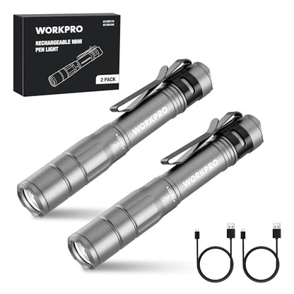 WORKPRO Rechargeable Pen Light, Mini Flashlight, 2 Pack Ultra-Compact EDC Flashlight, Pocket Flashlight with Clip, Memory Function and 2 x USB C Cable Included, Gray - color: Gray