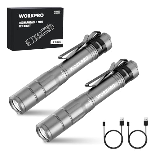 WORKPRO Rechargeable Pen Light, Mini Flashlight, 2 Pack Ultra-Compact EDC Flashlight, Pocket Flashlight with Clip, Memory Function and 2 x USB C Cable Included, Gray - color: Gray