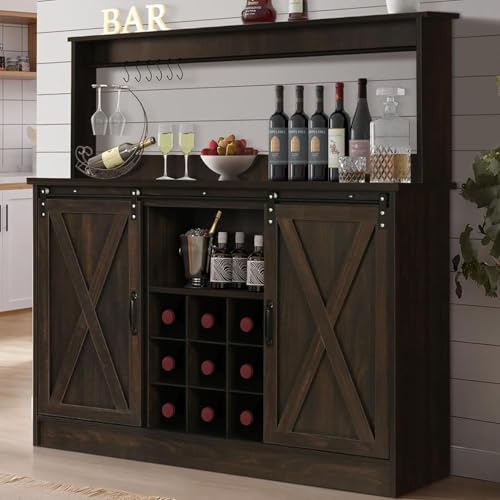 4ever2buy Farmhouse Coffee Bar Cabinet with 9 Wine Racks and 6 Hooks, 47 Inch Wine Cabinet with Storage, Kitchen Buffet Cabinet with Adjustable Shelves for Living Dining Room, Dark Oak - color: Oak, size: 47Inch