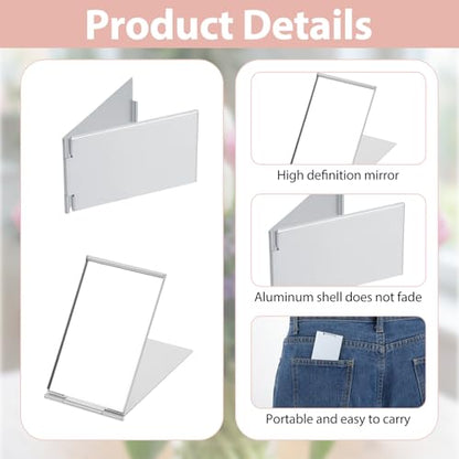 2PCS Small Compact Mirror, Ultra Slim Pocket Mirror | Silver Portable Folding Mirrors, Aluminum Shell Travel Mirrors for Purse Makeup Travel Daily Work Business(2.X3inches)