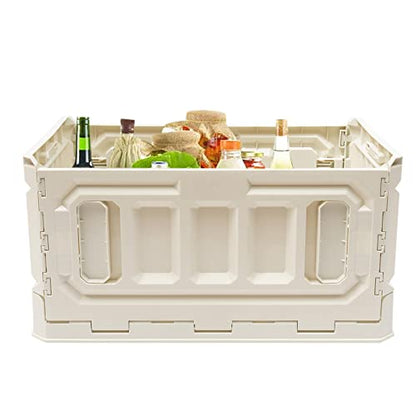 Folding Storage Box, Outdoor Portable Campings Tent, PP Folding Box Table Equipment, Camping Box with Wooden Cover 95L for Camping,Home,Car Trunk, White