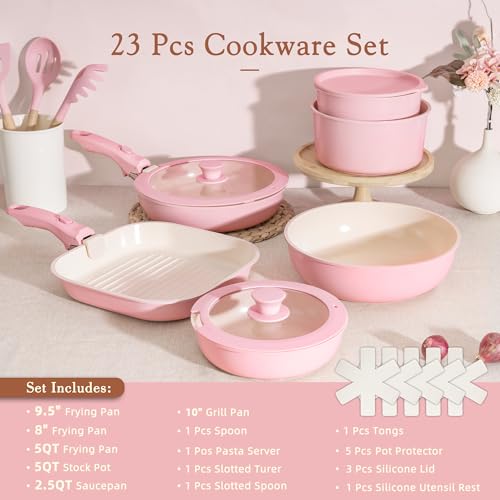 Astercook 23 Pcs Pots and Pans Set Non Stick, Ceramic Cookware Set Detachable Handle, RV Kitchen Cooking Set Removable Handles, Oven Safe, Induction Ready, Stackable, Pink, Mothers Day Gifts - color: Pink, size: 23 Piece