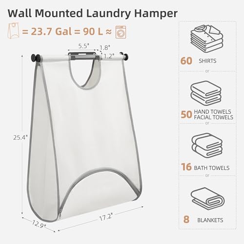 STORAGE MANIAC Wall Mount Laundry Hamper, 90L Hanging Laundry Bag with Bottom Zipper Opening, Space-Saving Dirty Clothes Hamper with Mounting Hardware for College, Dorm, RV, White