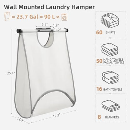 STORAGE MANIAC Wall Mount Laundry Hamper, 90L Hanging Laundry Bag with Bottom Zipper Opening, Space-Saving Dirty Clothes Hamper with Mounting Hardware for College, Dorm, RV, White