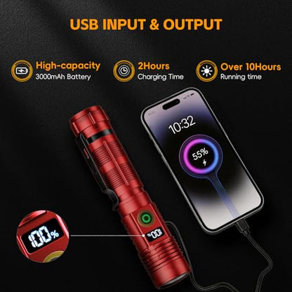Hoxida Rechargeable Flashlights 2 Pack, 6 Modes Zoomable Powerful Tactical Linternas with LCD Digital Display, Super Bright High Lumens Handheld Magnetic Flashlights for Home Emergencies Camping - color: Red