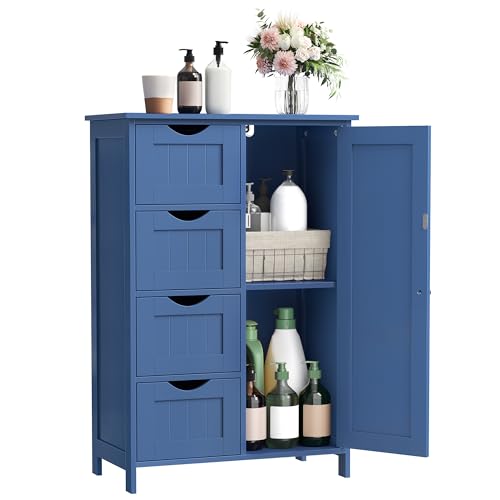 VASAGLE Storage Cabinet with Drawers, Freestanding Floor Cabinet with Door, 11.8 x 21.7 x 32.3 Inches, Adjustable Shelf, for Bathroom, Living Room, Kitchen, Bijou Blue ULHC041QE01S - color: Bijou Blue, style: 1 Door + 4 Drawers（32.3"）