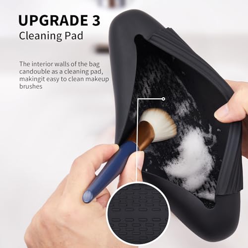 AGIKET Silicone Makeup Brush Holder Travel Cosmetic Bag：Soft Portable Cosmetic Face Brushes Holder with Upgrade Anti-Fall Out Magnetic Closure, Large Travel Makeup Brush Case - Black - color: Black, style: Brush Holder