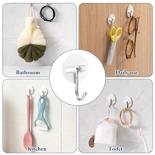 24pcs Round Plastic Hooks - Small Self Stick Hooks for Hanging, White, Waterproof & Oil Proof for Kitchen Utensils