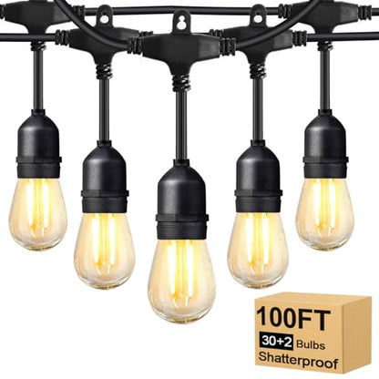 BRIMAX 2W 100FT Outdoor String Lights Commercial Grade with 32 Shatterproof S14 Dimmable LED Bulbs Patio String Lights Heavy Duty Waterproof for Bistro Cafe Market 2700K - style: 100FT 30 lights