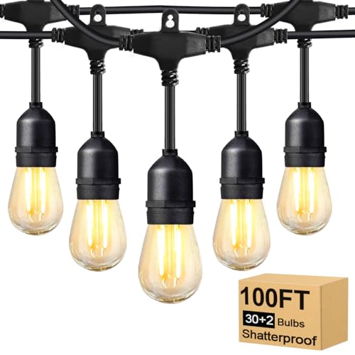 BRIMAX 2W 100FT Outdoor String Lights Commercial Grade with 32 Shatterproof S14 Dimmable LED Bulbs Patio String Lights Heavy Duty Waterproof for Bistro Cafe Market 2700K - style: 100FT 30 lights