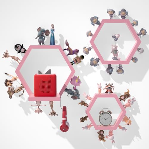 Hexagon Tonies Shelf Magnetic Set of 3, Wall Toy Storage for TonieBox Pink | Wooden Tonies Storage Shelf for Kid Room, Display Floating Shelves Compatible with Tony Accessories, Hold 40 Tonie Figures - color: Pink
