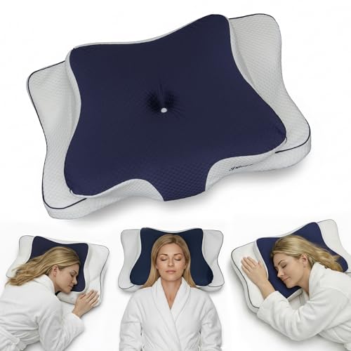 Cervical Neck Pillow for Sleeping – Cooling Memory Foam Cervical Pillow for Side Sleepers and Back Sleepers – Contour Ergonomic Neck Support (Dark Blue/White, Cooling) - color: Dark Blue / White