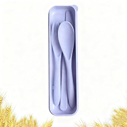 Travel Utensils with Case, Camping Utensil Sets, Wheat Straw Portable Knife Fork Spoons Tableware, Reusable Utensils for Lunch Box (Purple) - color: Purple