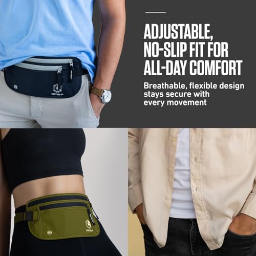 VENTURE 4TH Money Belt for Travel – Slim Hidden Under-Clothes RFID Blocking Anti-Theft Passport Holder & Travel Wallet Pouch for Men & Women to Protect Cash, Cards & Documents (Pure Black) - color: Pure Black