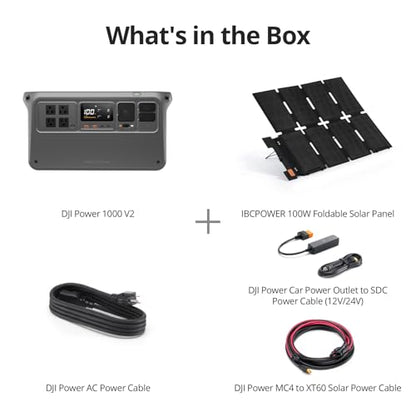 DJI Power 1000 V2 Portable Power Station, Solar Generator with IBCPOWER 100W Foldable Solar Panel, 1024Wh LFP Battery, 2600W Output, Car Power Outlet to SDC Power Cable (12V/24V), Camping, Outdoors