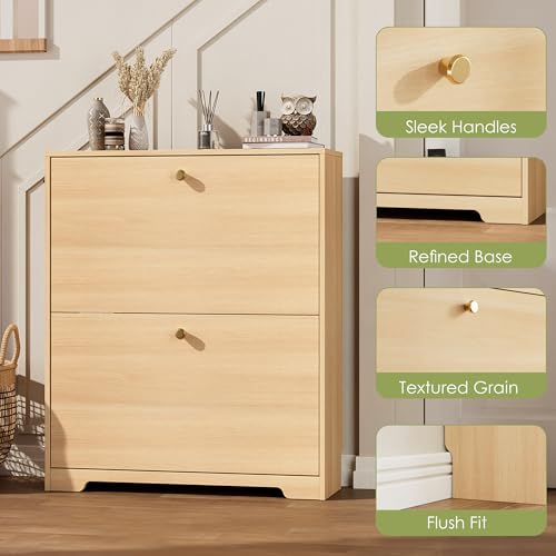 Nicetree Shoe Storage Cabinet with 2 Flip Drawers, Slim Shoe Cabinet, Hidden Shoe Rack Cabinet, Shoe Storage Cabinet for Entryway, Hallway, Foyer, Natural Oak - color: Natural Oak, style: 2-Drawers