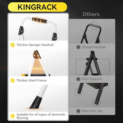 KINGRACK 2 Step Folding Ladder, 800lbs Capacity Step Stool with Safety Lock, Non-Skid Wide Pedals, and Handrail, Lightweight, Household Ladder for Home, Kitchen, Pantry, Closets, and Office Use, White - size: 2-STEP