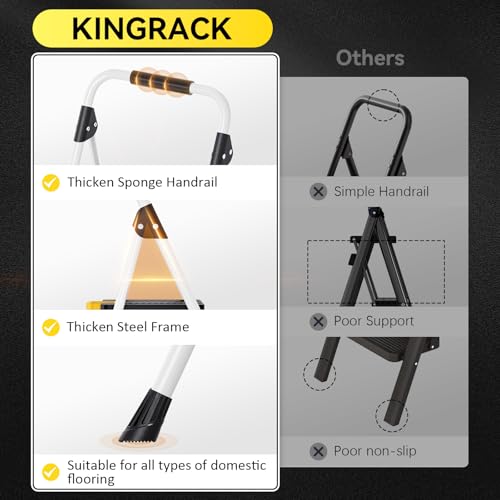 KINGRACK 4 Step Folding Ladder, 800lbs Capacity Step Stool with Safety Lock, Non-Skid Wide Pedals, and Handrail, Lightweight, Household Ladder for Home, Kitchen, Pantry, Closets, and Office Use, White - size: 4-STEP