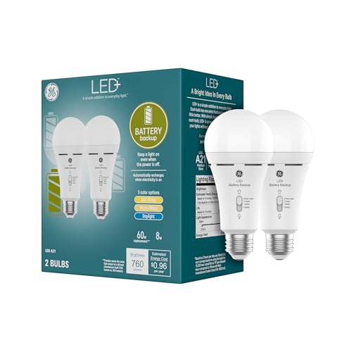 GE LED+ Backup Battery LED Light Bulbs, A21 Rechargeable Light Bulbs for Power Outages and Emergencies, Flashlight, 3 Color Temperatures (2 Pack) - style: Standard A21