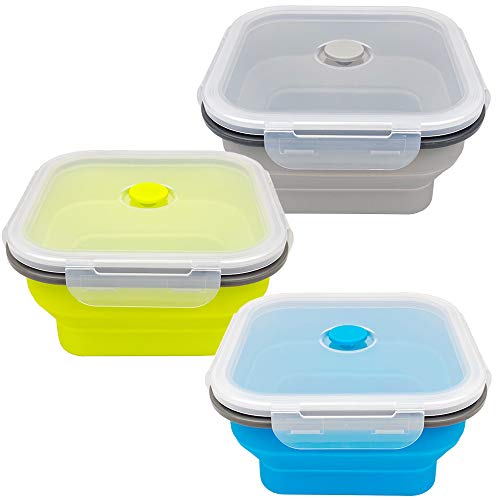 CARTINTS Large 1200ml Collapsible Bowls with Lids Silicone Camping Bowls, with Airtight Lids, Microwave and Freezer Safe, Set of 3 - color: blue+grey+green
