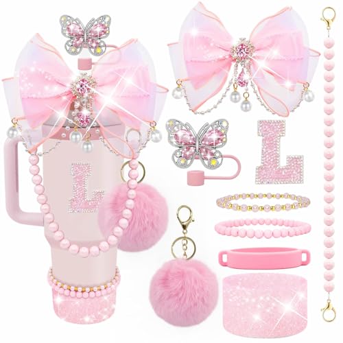 Letter Stickers Bling Accessories Set for Stanley 40/30/20 oz Tumbler: Bow Straw Topper, Charms, Butterfly Cap, Pearl Strap, Silicone Boot, Accessories for Stanley Quencher H2.0 - color: Pink Peony, style: L
