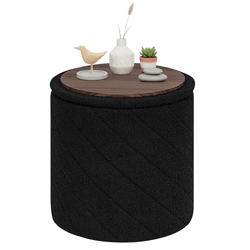 PINPLUS Ottoman with Stroage Round Boucle Ottoman and Tray Sherpa Removable Foot Stool Coffee Table for Dorm, Living Room Black, 16.9"x16.9"x17.7" - color: Black, size: 16.9"D x 16.9"W x 17.7"H