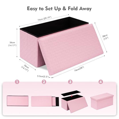 B FSOBEIIALEO Folding Storage Ottoman, Faux Leather Footrest Seat Long Shoes Bench Box Chest, Pink 30"x15"x15" - color: Pink, size: Large