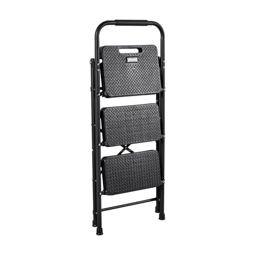 VEVOR 3 Step Ladder, Folding Step Stool with Wide Anti-Slip Pedal and Comfort Handgrip, Lightweight 600 lbs Capacity Portable Steel Ladder, Multi-Use for Kitchen, Home, Household and Office, Black - size: 18.3 x 28.7 x 40.7 in(Expanded)