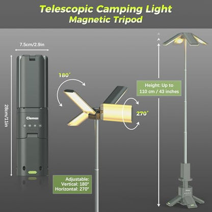 Clemas Telescopic Camping Lights with Remote Control,14000 mAh Rechargeable,6000LM Led Lanterns with Memory Function, Dimmable Magnetic Job Work Light,Tent Lamp,Portable Power Supply IPX5 (Space Gray) - color: 3.6Ft Space Gray