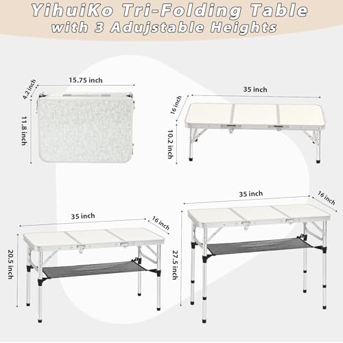 YihuiKo 3ft Aluminum Folding Picnic Table - Lightweight & Portable Outdoor Table with Adjustable Height, Storage Net for Camping, Backyard, RV Trips - size: 35" x 16" x 27.5"
