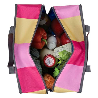 PackIt Freezable Grocery Tote, Pink Stripe, Built with EcoFreeze Technology, Foldable, Collapsible, Reusable, Zip Closure, Dual handles, Great for Transporting Fresh Groceries - color: Pink Stripe