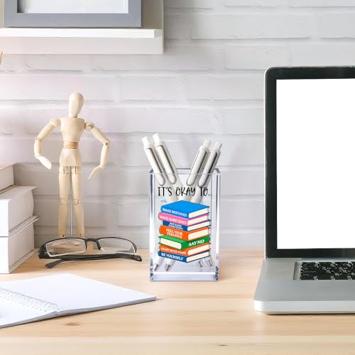 It's Okay To Make Mistakes Acrylic Cosmetic Pencil Pen Holder Cup, Motivational Desk Organizer Accessory for Office School, Inspirational Quote Gifts for Women Book Lover Coworker Sister Teacher - style: Okay To