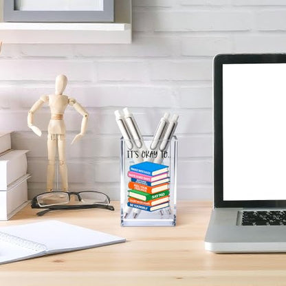 It's Okay To Make Mistakes Acrylic Cosmetic Pencil Pen Holder Cup, Motivational Desk Organizer Accessory for Office School, Inspirational Quote Gifts for Women Book Lover Coworker Sister Teacher - style: Okay To