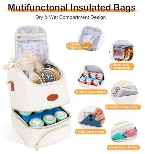 PIIOSER Breastmilk Cooler Bag with Ice Pack, Double Deck Insulated Baby Bottle Travel Bags with Shoulder Strap, Wearable Breast Pump Carry Bag for Nursing Moms Daycare, Work, Picnic(Cream) - color: Cream-2