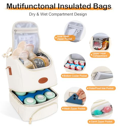 PIIOSER Breastmilk Cooler Bag with Ice Pack, Double Deck Insulated Baby Bottle Travel Bags with Shoulder Strap, Wearable Breast Pump Carry Bag for Nursing Moms Daycare, Work, Picnic(Cream) - color: Cream-2