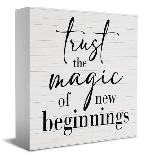 Inspirational Quotes Sign Desk Decor Wooden Box Sign Housewarming Gift Rustic Wood Block Plaque Box Sign for Home Farmhouse Office Kitchen Bathroom Shelf Table Decoration Magic of New Beginnings Sign - color: Multi593