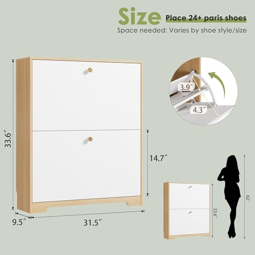 Nicetree Shoe Cabinet with 2 Flip Drawers, Narrow Shoe Organizer Cabinet, Freestanding Shoe Rack Cabinet, Modern Shoe Storage Cabinet for Entryway, Hallway, Foyer, Natural Oak and White - color: Natural Oak and White, style: 2-Drawers