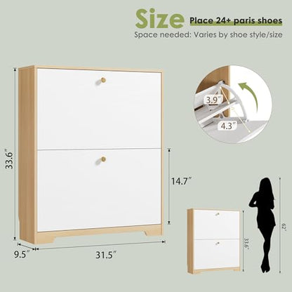 Nicetree Shoe Cabinet with 2 Flip Drawers, Narrow Shoe Organizer Cabinet, Freestanding Shoe Rack Cabinet, Modern Shoe Storage Cabinet for Entryway, Hallway, Foyer, Natural Oak and White - color: Natural Oak and White, style: 2-Drawers